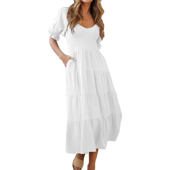 Women's Boho Off Shoulder Puff Sleeve Midi Dress – White – Size S – NWT - Picture 1 of 12